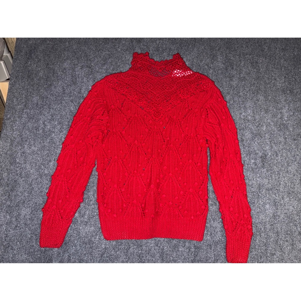 VTG Dividends Womens Red Crochet Lace Mock Neck Popcorn Cable Knit Sweater M